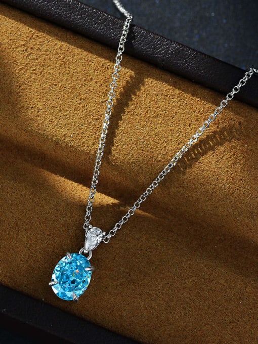 Sea Blue [P 2041] 925 Sterling Silver High Carbon Diamond Oval Luxury Necklace